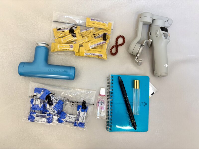 日帰り旅行のバッグの中身。スマホ単体でで撮影することが多いですが、ジンバルは念の為持ち歩いています。